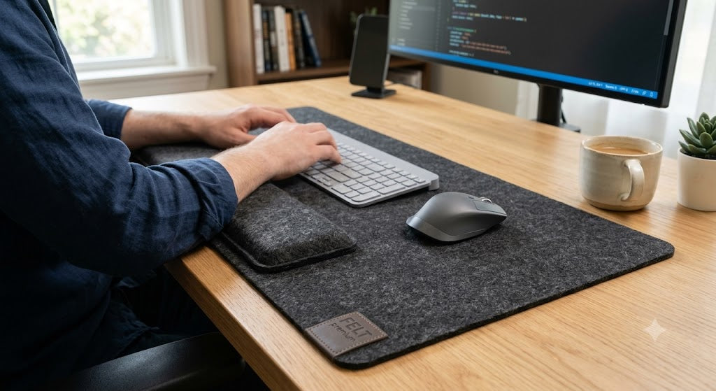 Desk Mat de fieltro minimalista Neivy Studio sobre escritorio - foto real